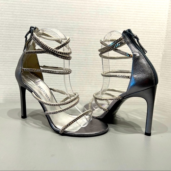Stuart Weitzman Stilettos Gladiators Silver Chains Shoes 6 1/2 M Made in Spain - Picture 3 of 16
